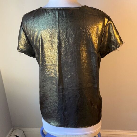All Saints Gold/Black Lame’ Cold Shoulder Raw Hem Top, Size 0. Flowy - Picture 8 of 11